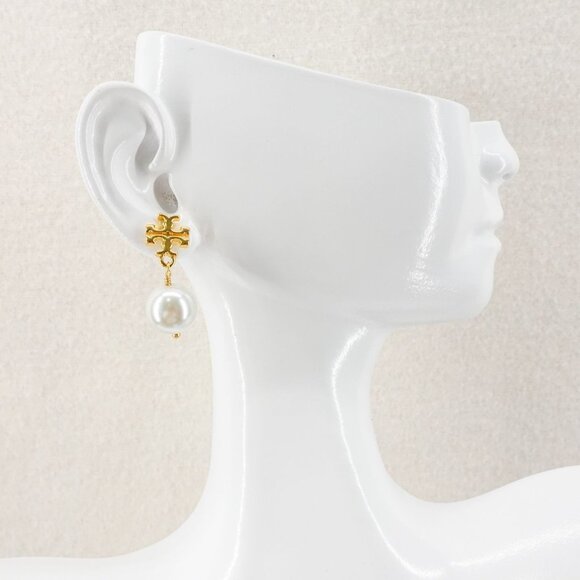 Tory Burch Faux Pearl Logo Drop Earrings New Ivory/Tory Gold OS - Picture 6 of 12